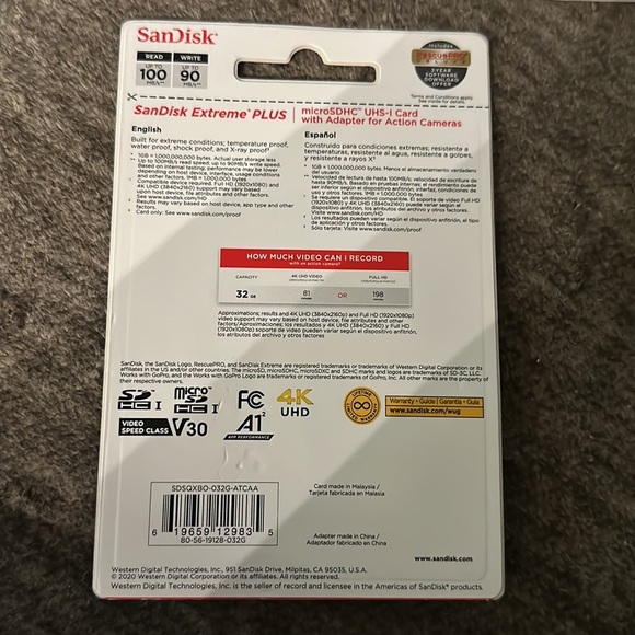 SANDISK EXTREME PLUS MICRO SDXC UHS-32GB 100MB/s MEMORY CARD WITH ADAPTER - Picture 2 of 3